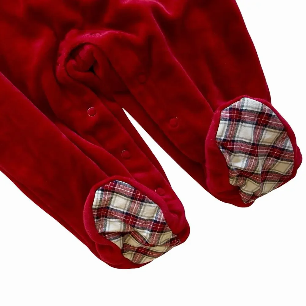 Janie and Jack Baby Boy Heirloom Red Velvet Holiday Romper Train Plaid 0-3 Month